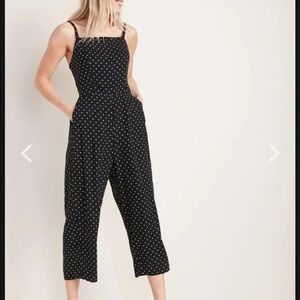 Old Navy polka dot smocked back adjustable strap jumpsuit black medium pockets